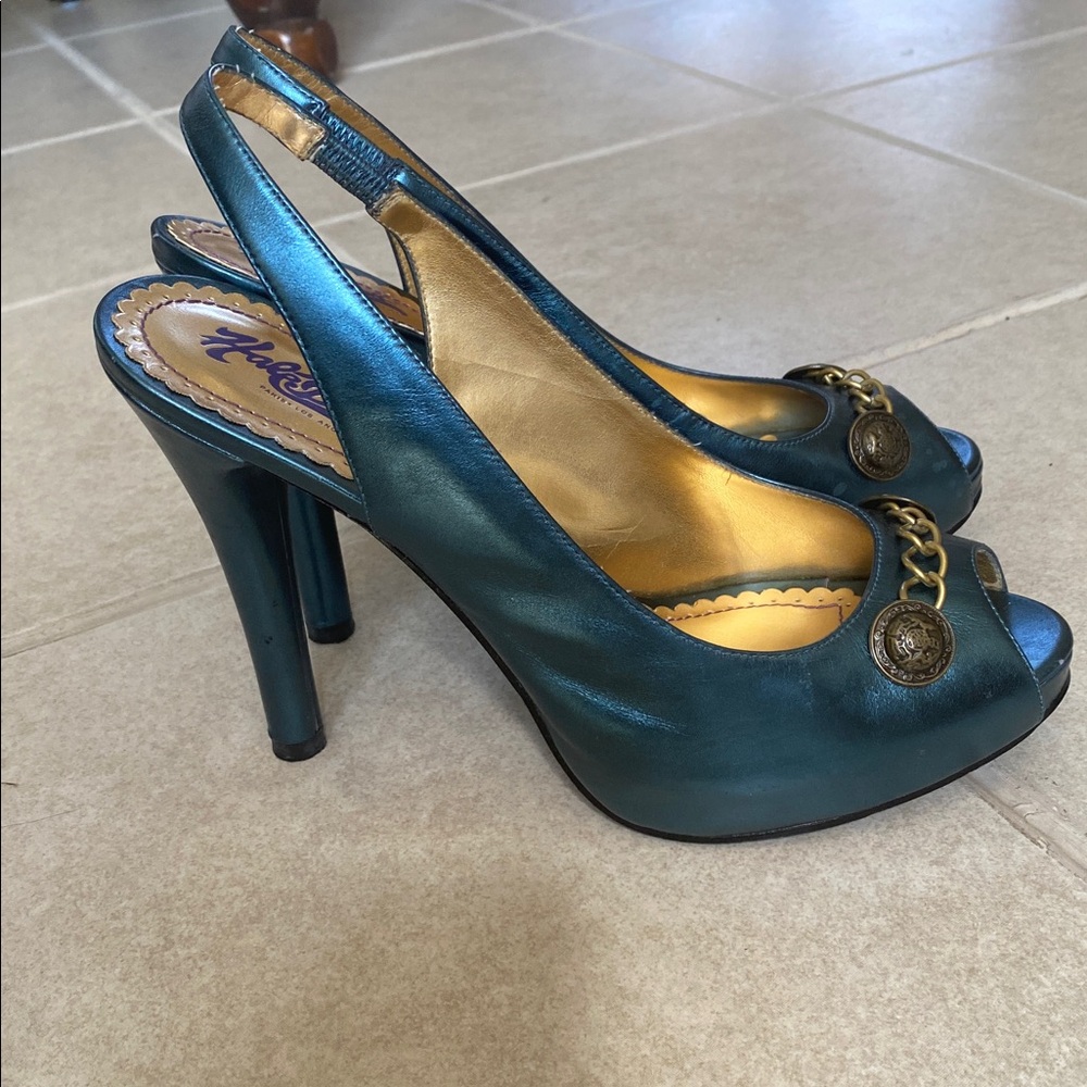 Hale Bob Leather Metallic Blue Peep-Toe Slingback Heels Brass Detail